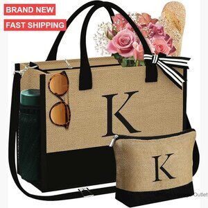 Large Personalized Jute Tote Bag with Makeup Bag, Adjustable Strap, Zipper
